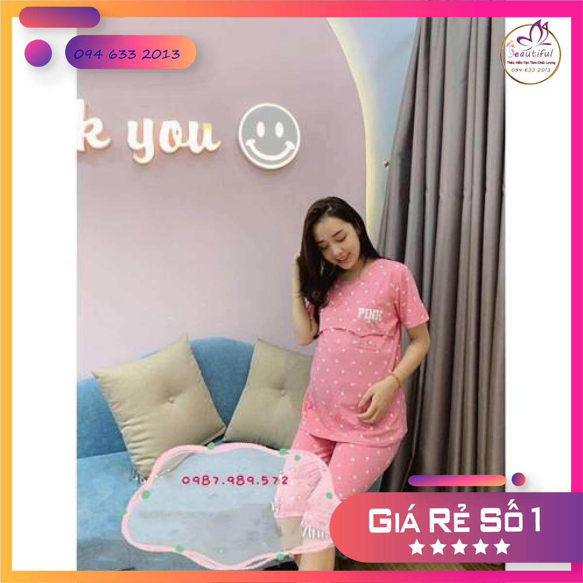 Bộ đồ bầu Pink Quảng Châu Bầu và Sau Sinh Cộc Tay(Có mở nắp)
