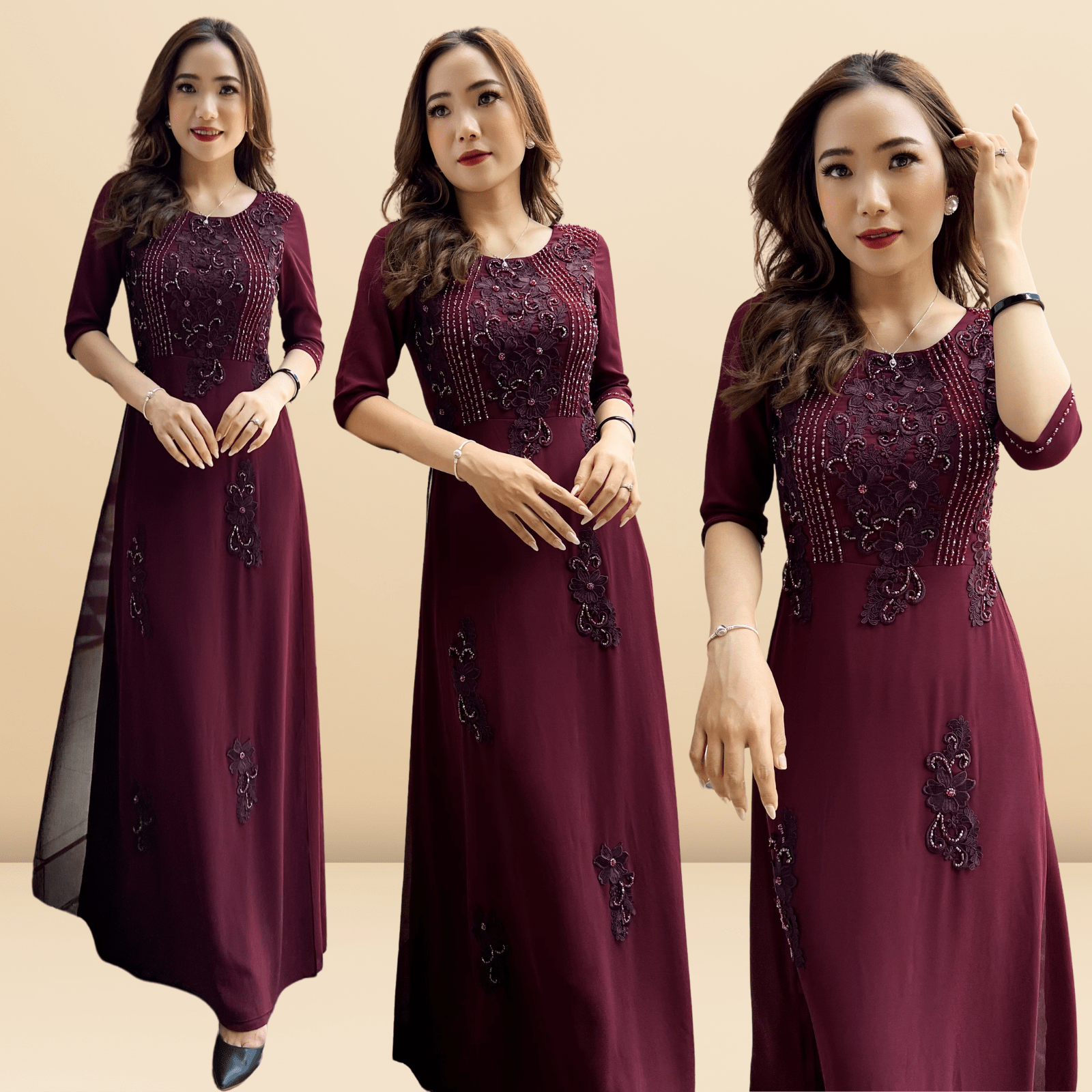 Áo dài dạ hội trung niên màu rượu nho cho mẹ ngồi sui cao cấp sang trọng trong dịp đám hỏi đám cưới các con