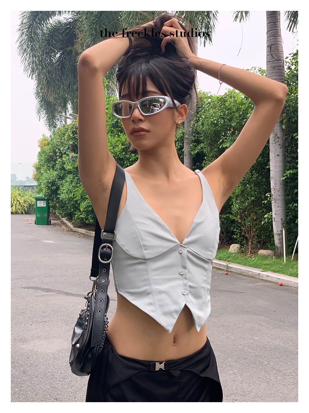 Áo ghi lê hai dây nữ freckles studios cổ v crop top kaki thun co dãn màu ghi - lowell
