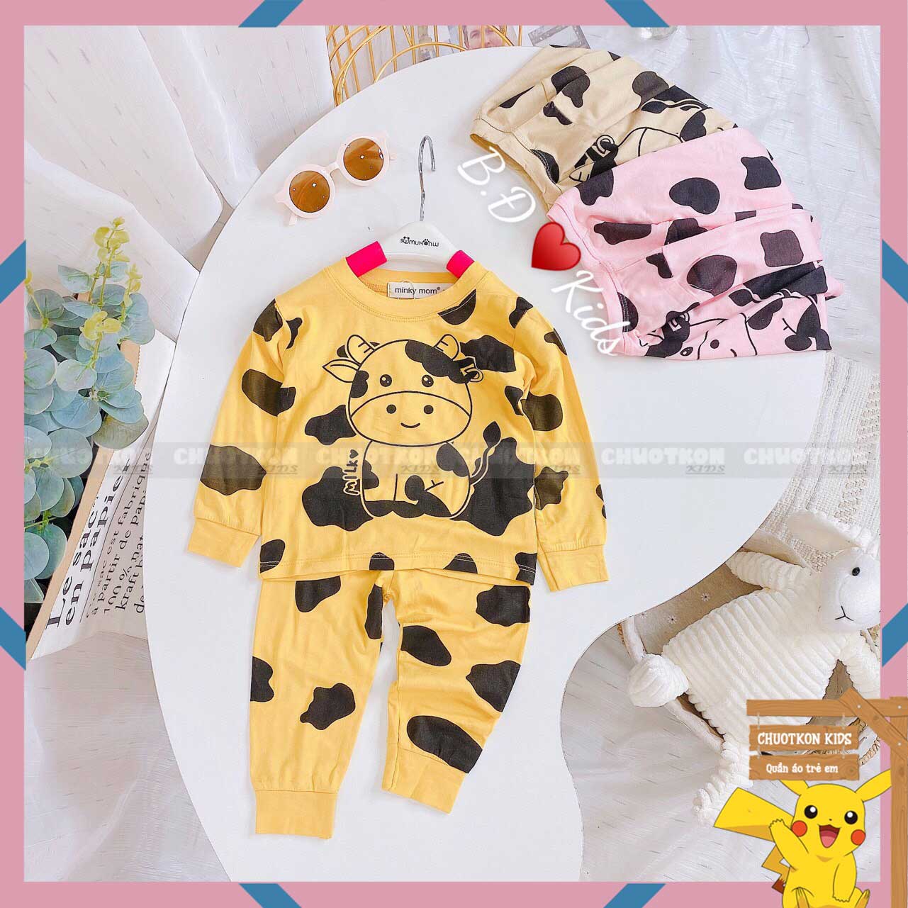 Bộ thun lạnh dài tay in bò sữa cho cho bé trai bé gái