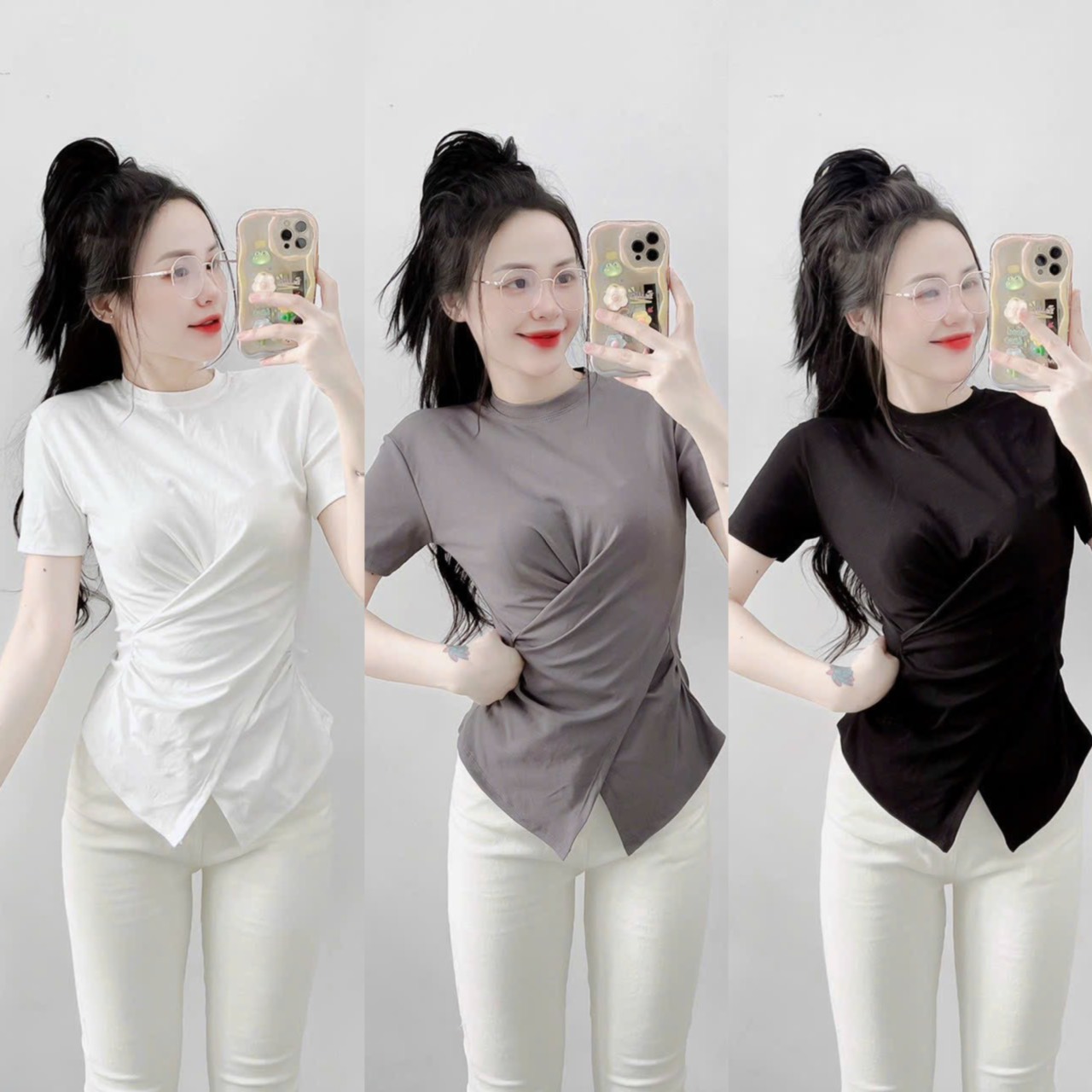 Áo thun ôm body tay ngắn nữ kiểu vạt chéo nhún hai bên