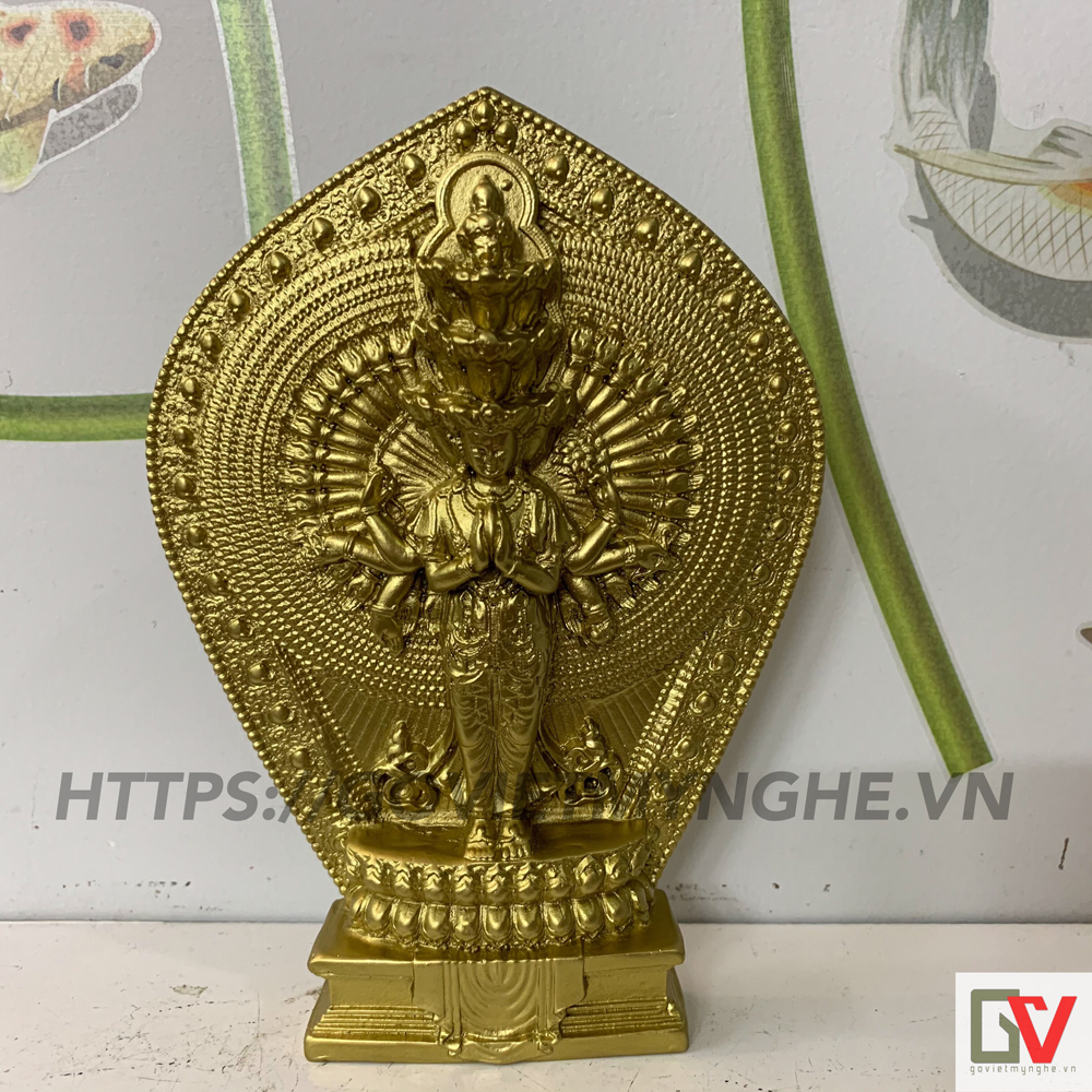 Tượng phật bà quan âm nghìn mắt nghìn tay đứng tòa sen - cao 19cm - tượng 1 mặt - màu vàng
