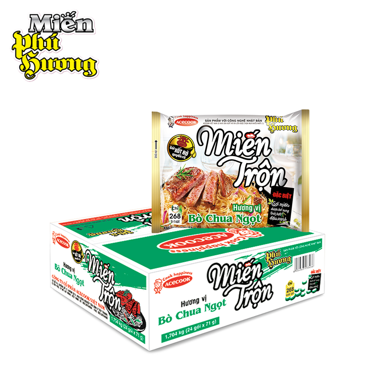 Thùng 24 gói miến trộn hương vị bò chua ngọt sweet and sour beef flavour vermicelli phú hương acecook