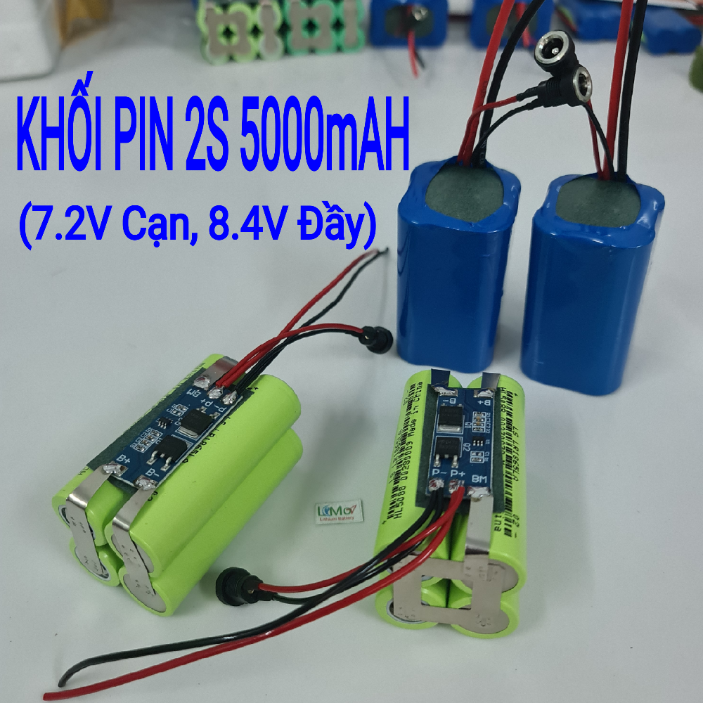 Khối pin 2S 7,2V 5000mAH - 20A. (7,2V Cạn - 8,4V Đầy). Được đóng từ 4 cell pin Lithium 18650 Mới Và Có mạch bảo vệ 2S cực bền - LIMO