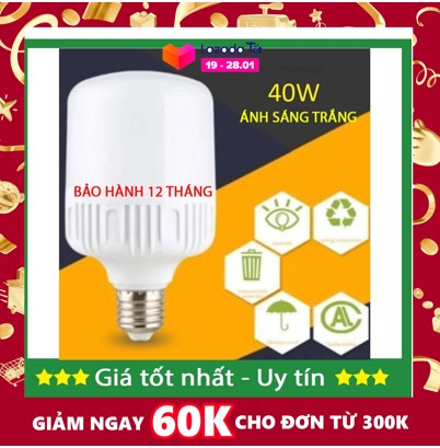 [Tặng đèn ngủ nấm] Bộ 4 bóng đèn Led trụ 40W Siêu sáng - tiết kiệm điện (Trắng)