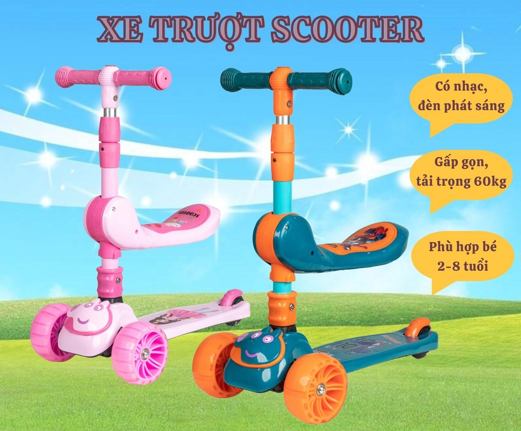 Xe trượt scooter heo pepa - bánh phát sáng cho bé xe trượt 3 bánh, đồ chơi hoạt động ngoài trời cho bé phù hợp với bé từ 2-4 tuổi