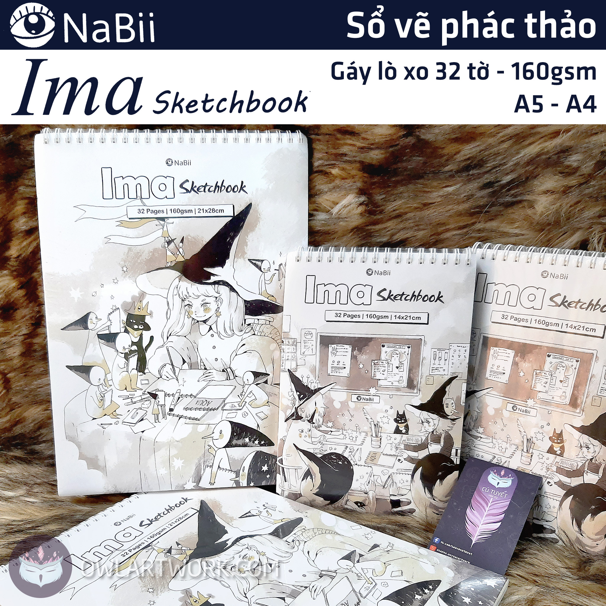 Sổ vẽ phác thảo giấy NaBii Ima Sketchbook 160gsm 32 tờ giấy vẽ chì tốt thiết kế dạng xoắn gáy tiện lợn