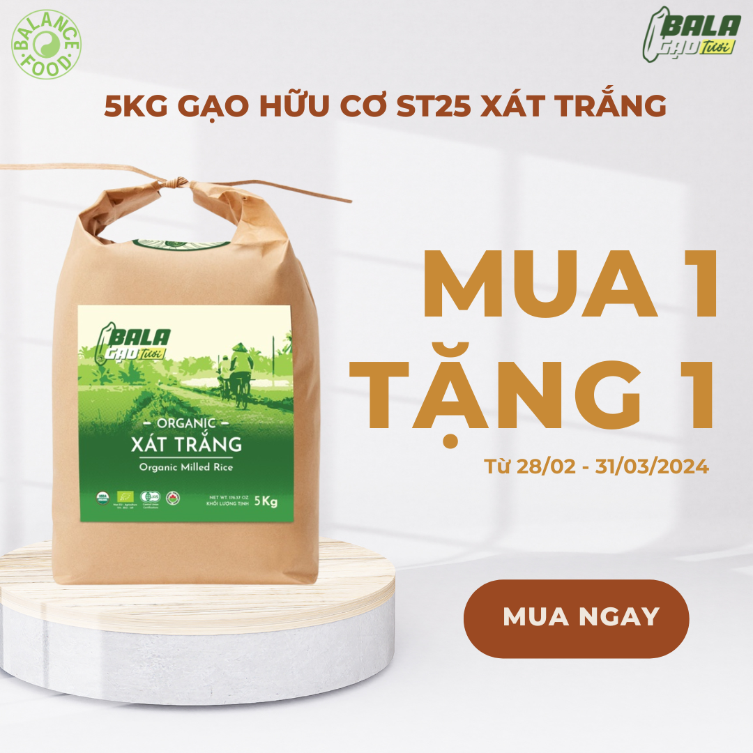 [MUA 1 TẶNG 1] 5kg Gạo Hữu Cơ, ST25 Xát Trắng, Dẻo, Mềm, Thơm, Túi Gạo - BALA gạo tươi