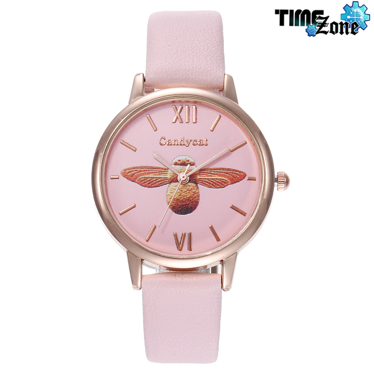 watch female candycat wire high-grade leather, faceted round shape bee Kute