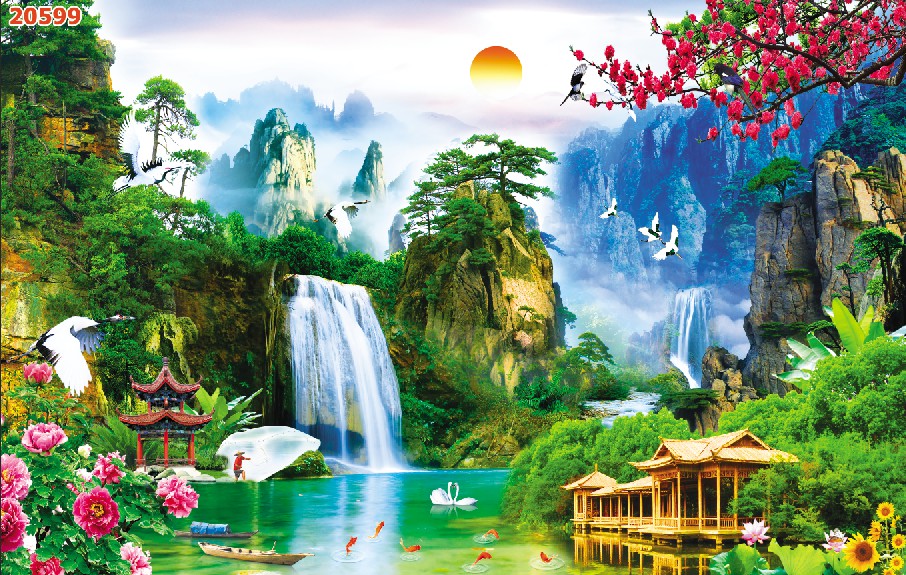 Tranh dán tường 3d sơn thủy hữu tình trang trí phòng khách giá rẻ đẹp atm