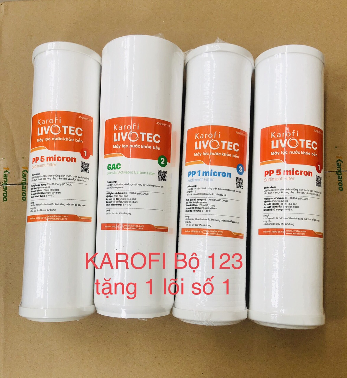 Bộ lõi lọc nước karofi tặng 1 lõi số 1 karofi , bộ lõi 1 2 3 karofi tặng 1 lõi số 1