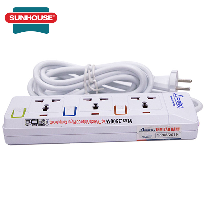 Ổ cắm điện sunhouse apex ape-oc2-3r - ổ cắm điện đa năng có độ dài 2.5m bảo hành 12 tháng