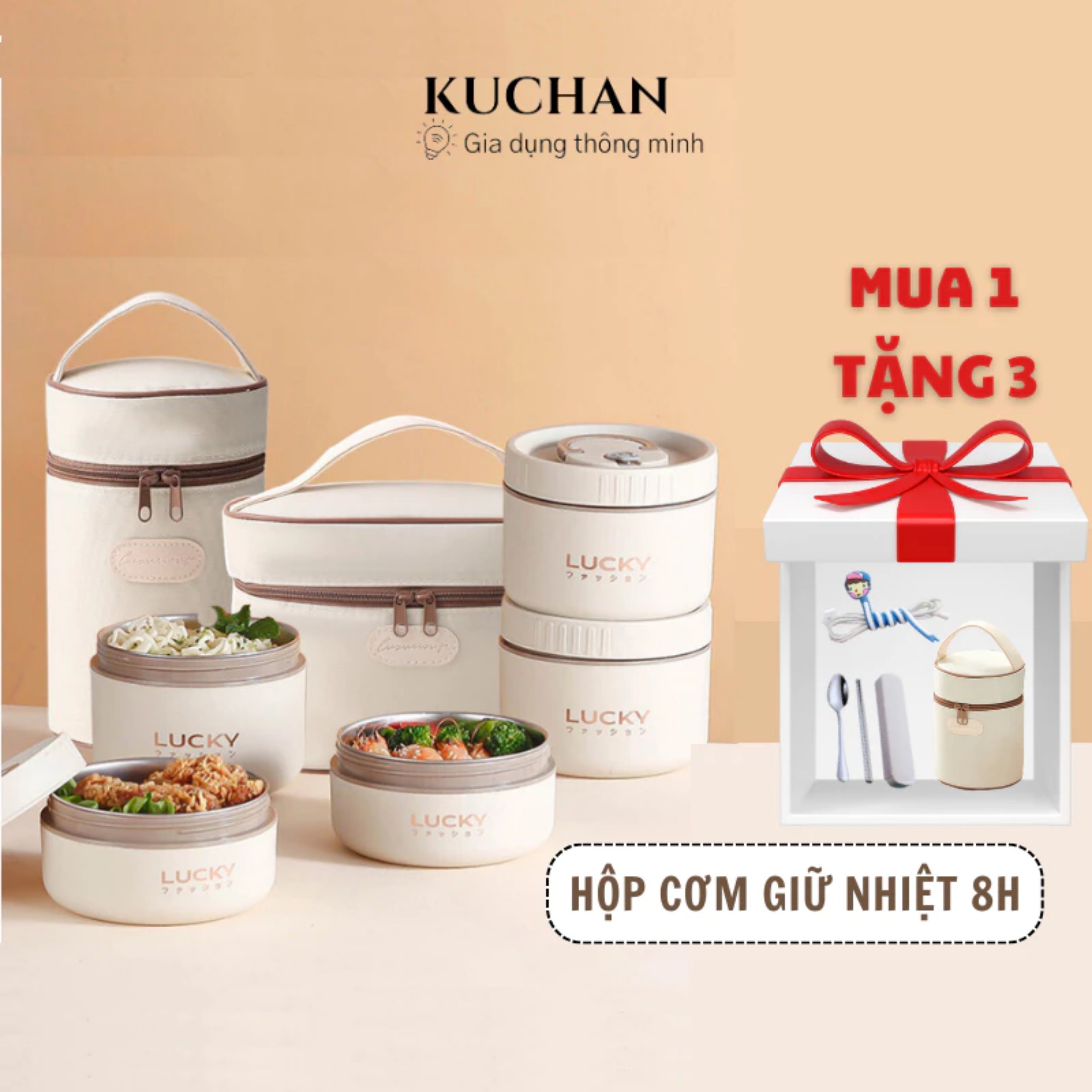 Hộp cơm giữ nhiệt Kuchan Hộp cơm văn phòng inox Tặng Túi đựng cơm giữ nhiệt mang đi làm