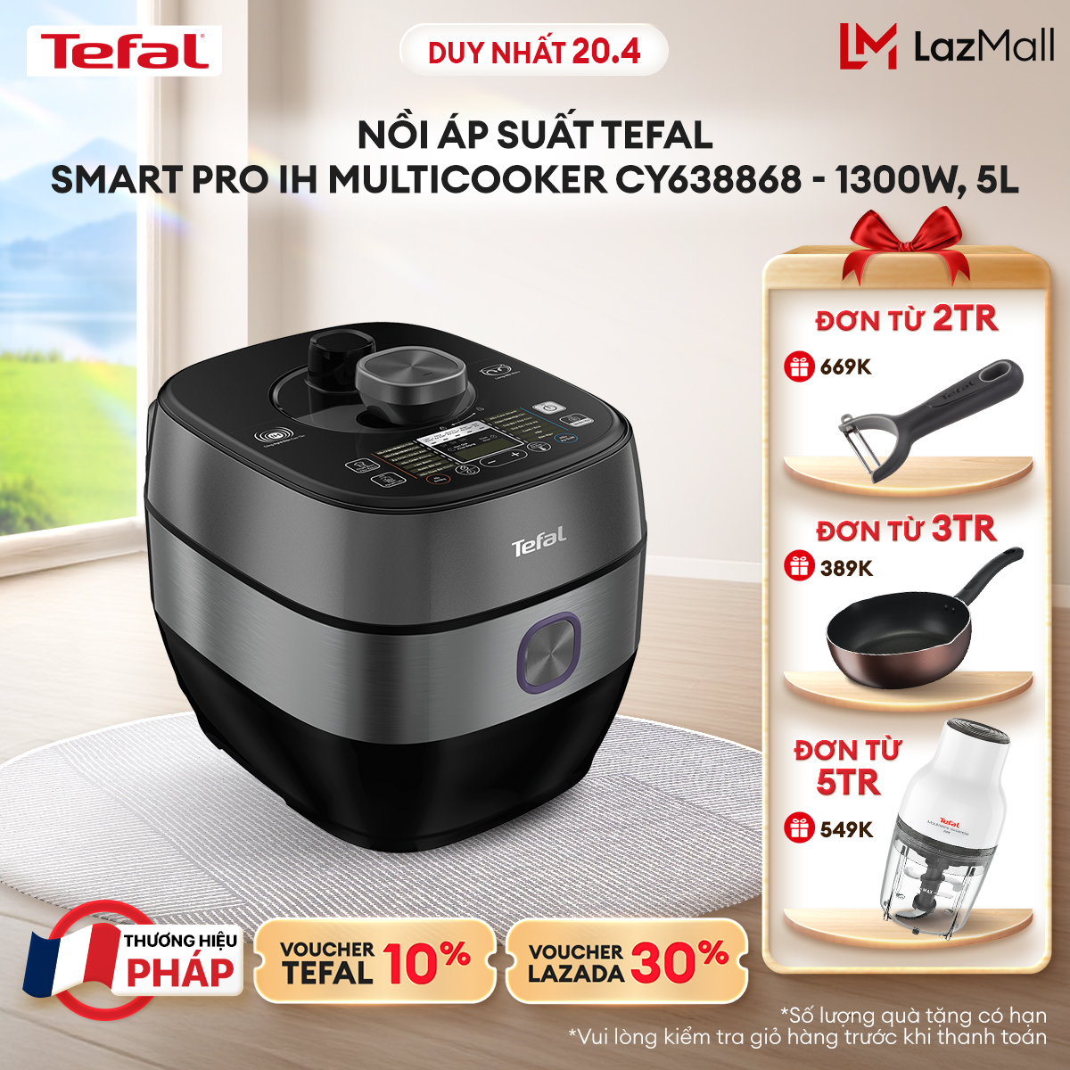 [NHẬP MÃ TEFALOFF30T4 GIẢM 30%] Nồi áp suất điện cao tần đa năng Tefal Smart Pro IH Multicooker CY638868 - 5L
