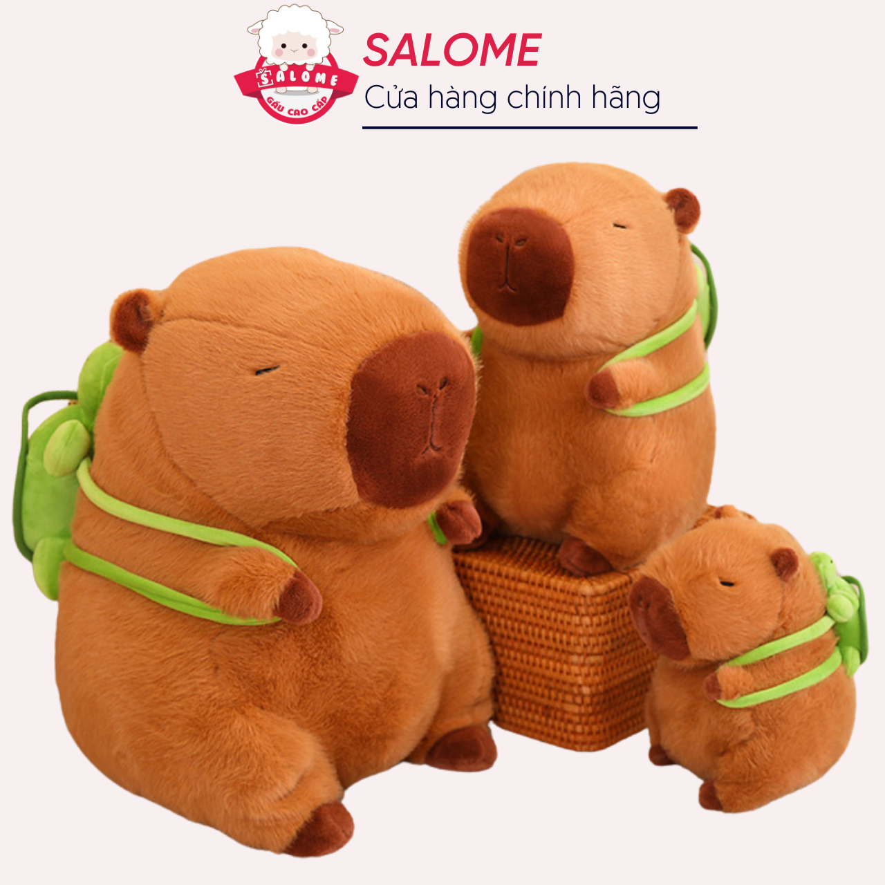Gấu bông chuột lang nước nâu capybara đeo cặp size 35cm-90cm to khổng lồ vải siêu mềm mịn salome, thú nhồi bông chuột lang nước qùa tặng cao cấp