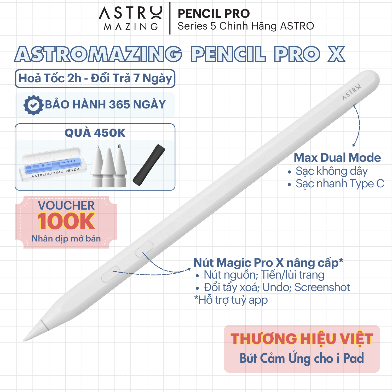 [Pencil Pro X] Bút Stylus AstroMazing Pencil Pro X chống chạm nhầm vẽ nét thanh đậm cho iPad