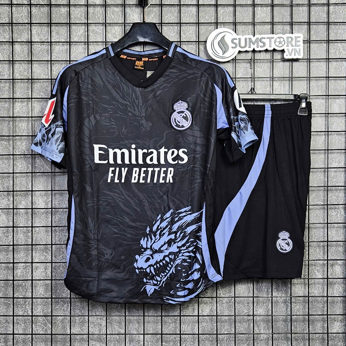 Bộ Quần Áo Đá Banh Real Đen Rồng Tím 2025 - Áo Đá Bóng Thun Lạnh Mát Mẻ