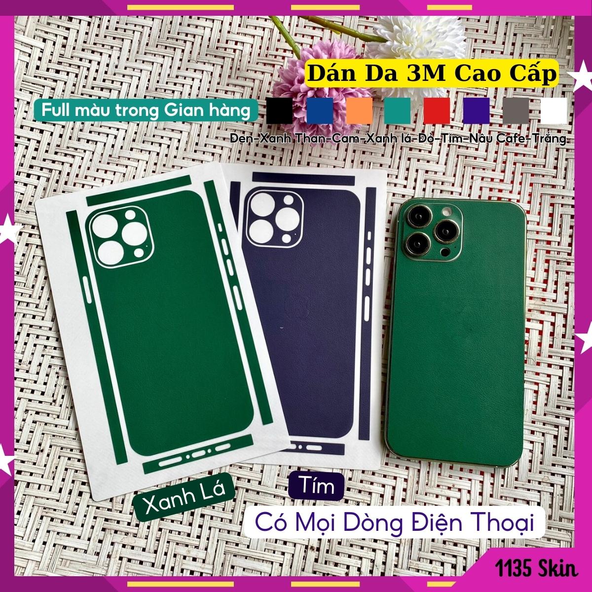Dán lưng iphone full viền vân da 3M, Miếng dán điện thoại màu xanh lá tím chống trầy có mọi dòng máy