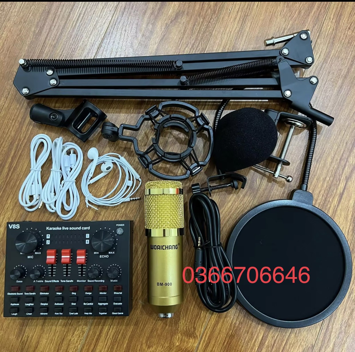 Bộ mic thu âm bm900 sound card v8s có bluetooth, pin, combo livestream v8s có auto-tune