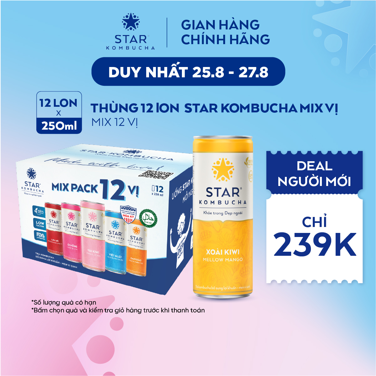 Thùng 12 lon trà lên men star kombucha mix vị