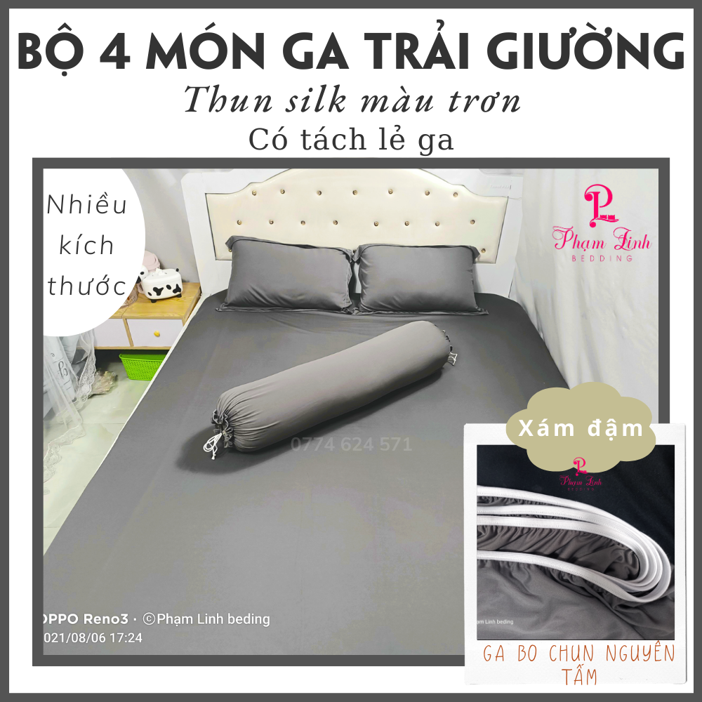 [Xám đậm] Bộ 4 món Drap Ga trải giường bo chun vải thun lạnh sợi silk màu trơn Full size bộ ga và vỏ gối có tách lẻ sản phẩm Phạm Linh Bedding