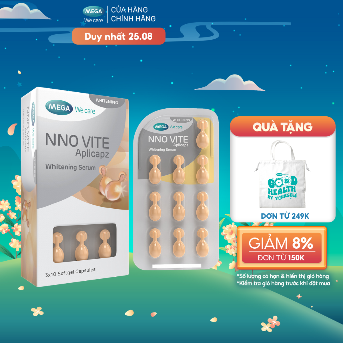 Serum dưỡng trắng da, mờ đốm nâu, đều màu da - Vitamin C, Vitamin E, Bisabolol - NNO VITE Mega We Care (30 viên)