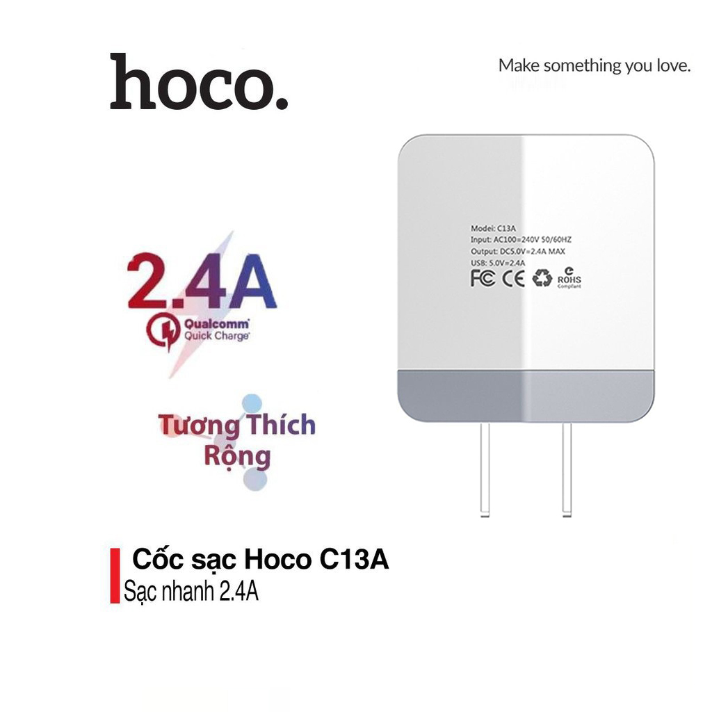 Củ sạc nhanh 2.4A Hoco C13A chuôi dẹt trang bị 1 cổng USB cho Smartphone/Tablet