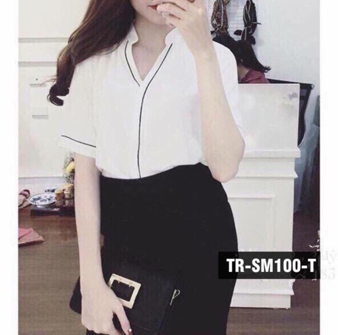 [HCM]Áo sơ mi nữ phối viền ngắn tay cao cấp 2 màu: Trắng Hồng