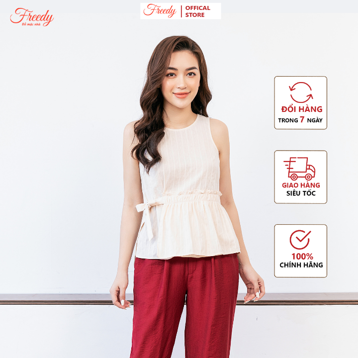 Đồ mặc nhà, bộ sát nách nhún eo quần lửng đỏ thiết kế Freedy