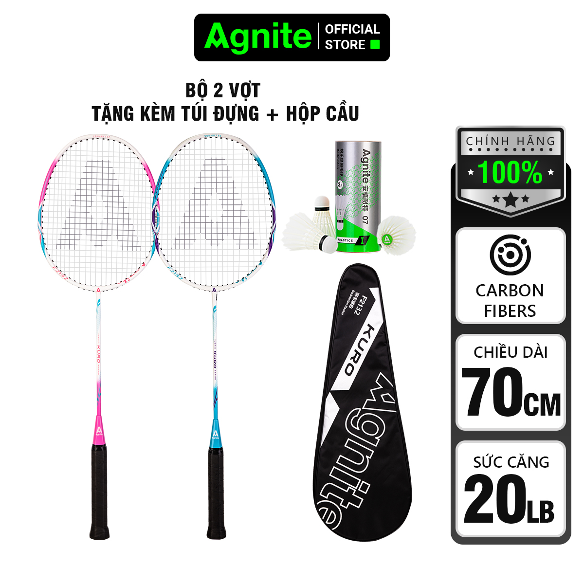 Bộ 2 chiếc vợt cầu lông AgnitexDELI chính hãng, TẶNG kèm 3 quả cầu và bao đựng, Bộ vợt cầu lông siêu nhẹ, khung carbon bền bỉ, cao cấp - F2117