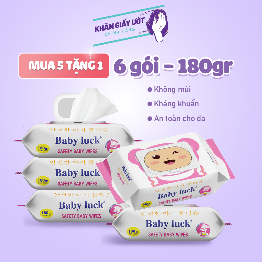 [COMBO MUA 5 TẶNG 1] gói khăn giấy ướt Baby Luck 180g siêu tiết kiệm, khăn  ướt baby wipes không mùi phụ hợp da nhạy cảm
