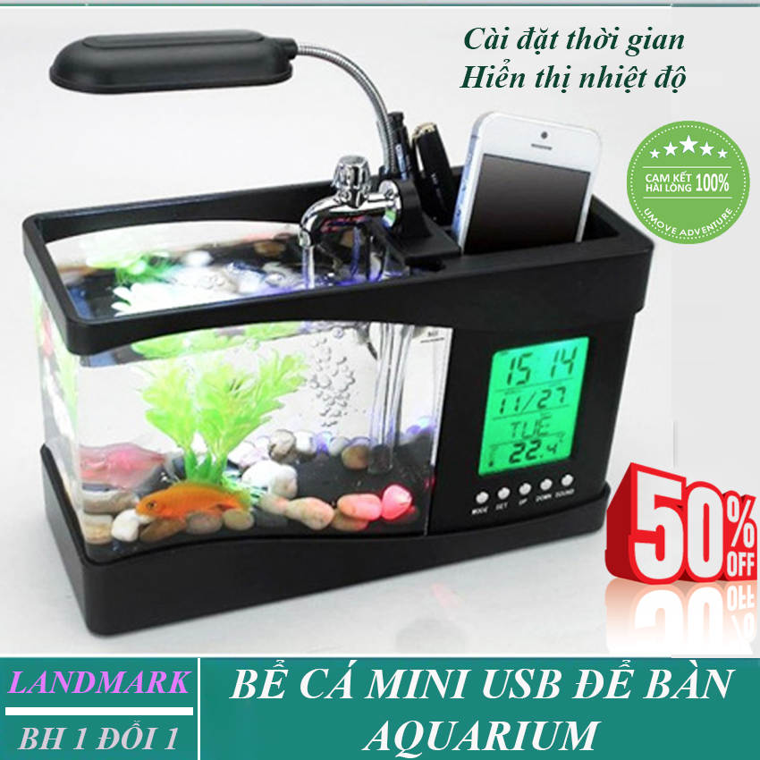 Bể Cá Cảnh Phong Thủy Mini, Mua bể cá usb AQUARIUM, Nơi bán bể cá mini có ngăn đựng bút - Giúp không gian sang trọng hơn, có đèn LED, tích hợp đồng hồ báo thức, lịch, nhiệt độ - Bảo Hành tại Landmark