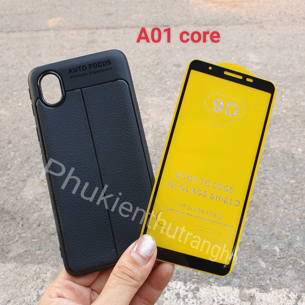 Samsung A01 Core - COMBO Kính cường lực full màn hình + ốp dẻo giả da autofocus chống bám vân tay Samsung A01 Core