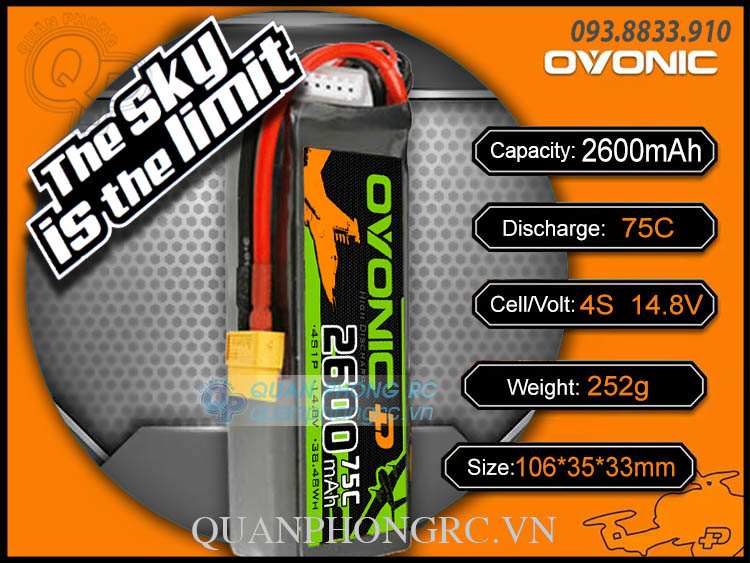 Pin Ovonic 2600mAh 4S 75C 14.8V LiPo Battery XT60 Plug dành cho máy bay điều khiển