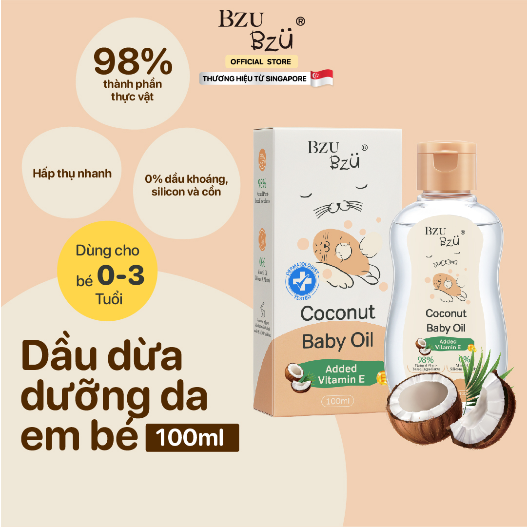  Dầu Dừa Tự Nhiên Massage Em Bé BZU BZU Coconut Baby Oil Thành Phần Tự Nhiên An Toàn Cho Da Bé 100Ml 