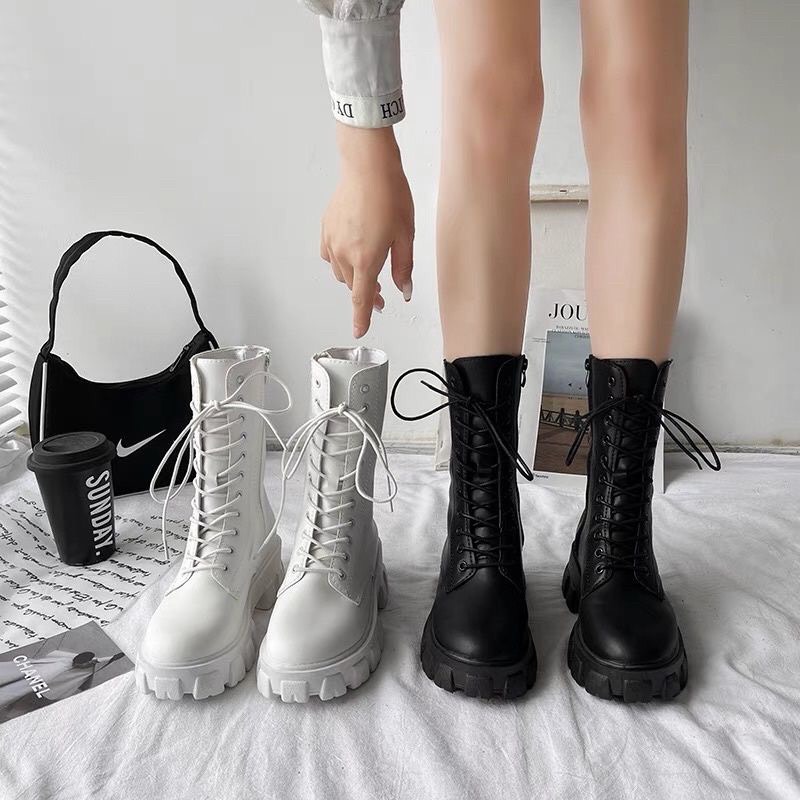 Giày Bốt Nữ Kéo khoá đan dây cổ cao đế răng cưa cá tính mã 99