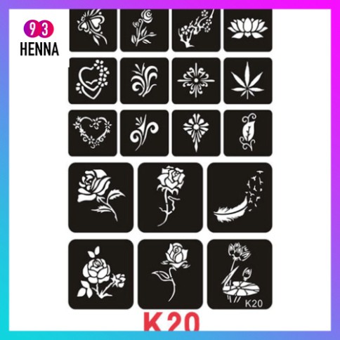 Khuôn xăm hình hoa sen, hoa hồng, trái tim, lá cây K20