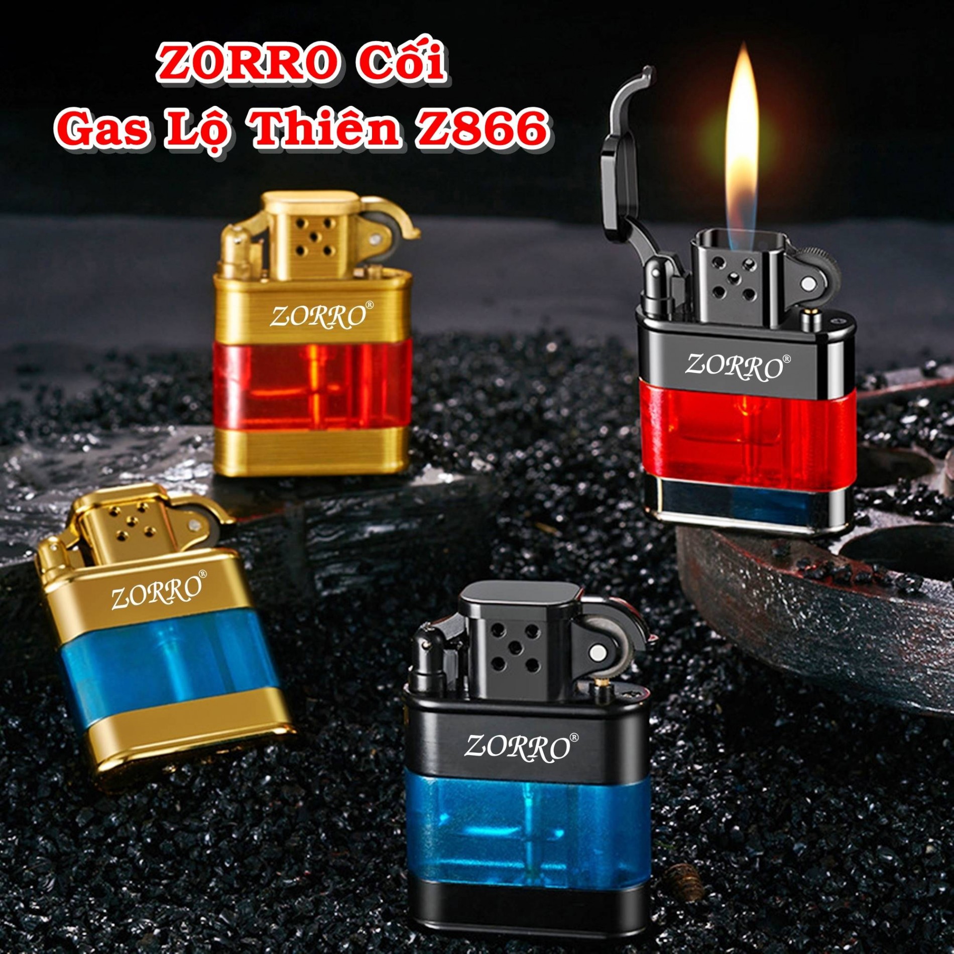 (SỐC) BẬT LỬA KIM LOẠI ZORRO CỐI GAS ĐÁ LỘ THIÊN Z866 - (XÀI GAS)