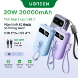 Sạc Dự Phòng 22.5W UGREEN 20000mAh Powerbank 2 cáp type C  Công suất 2-Port Fast Charging PD20W 22.5W Powerbank 3 Devices Hiển Thị Kỹ Thuật Số Sạc Nhanh for iphone 16 Pro max SAMSUNG Galaxy S25 S24 Ultra iPad MIni 6 NS Switch Model:55141