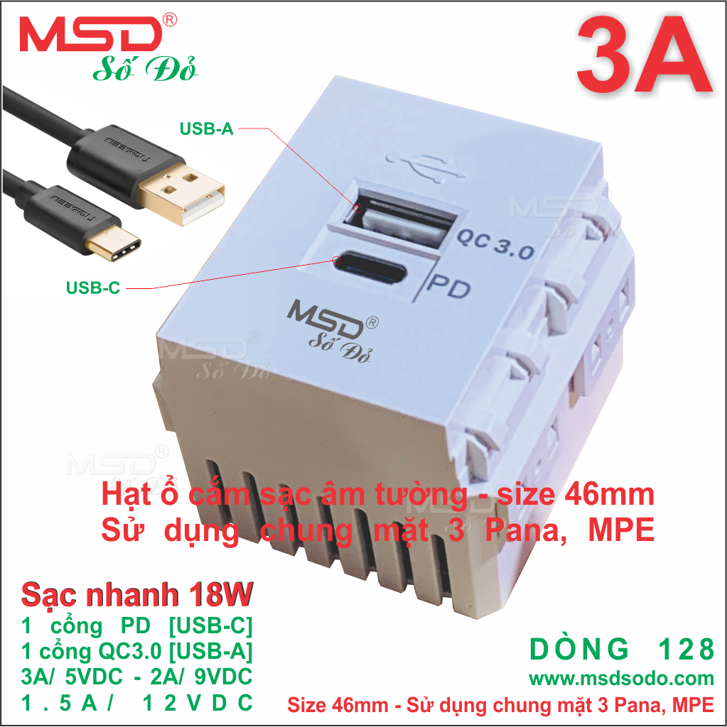 HẠT SẠC NHANH 18W ÂM TƯỜNG - PD/QC3.0 3A/5VDC - MSD128 - SỬ DỤNG MẶT PANASONICS/ MPE