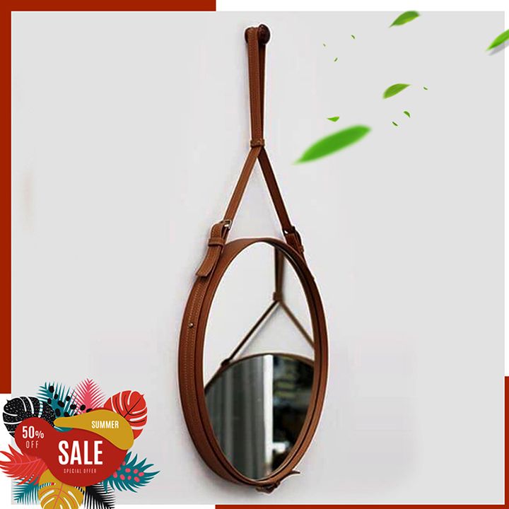 Gương Tròn Treo Tường Gương Dây Da Simili Cao Cấp Trang Trí Decor Đường Kính 60cm Mirror Decor, Gương Để Bàn Trang Điểm, Gương Phòng Tắm,Gương Xuất Khẩu