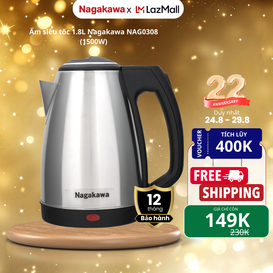 Ấm siêu tốc Nagakawa NAG0308 dung tích 1.8 lít, chất liệu inox cao cấp, đun sôi nhanh, bảo hành chính hãng 12 tháng