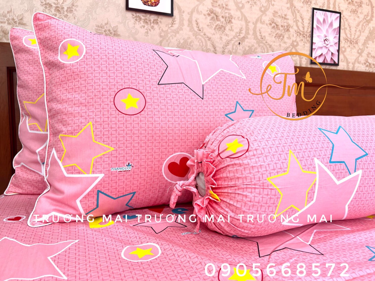 Bộ ga và áo gối 4 món không chăn mẫu ngôi sao hồng rất đẹp