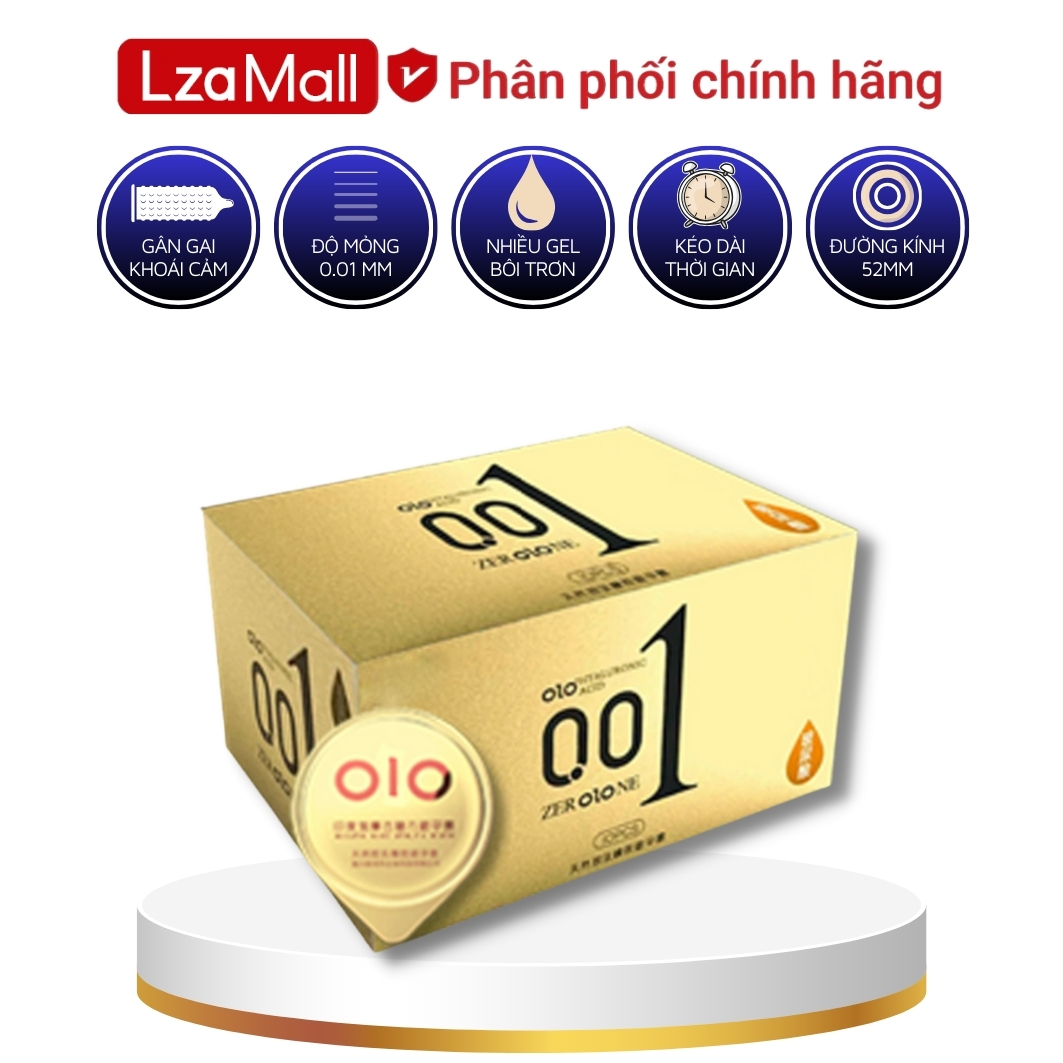 Bao cao su olo 001 vàng 001 siêu mỏng, hạt gai nổi đặc biệt, gel bôi trơn gốc nước, hộp 10 bcs