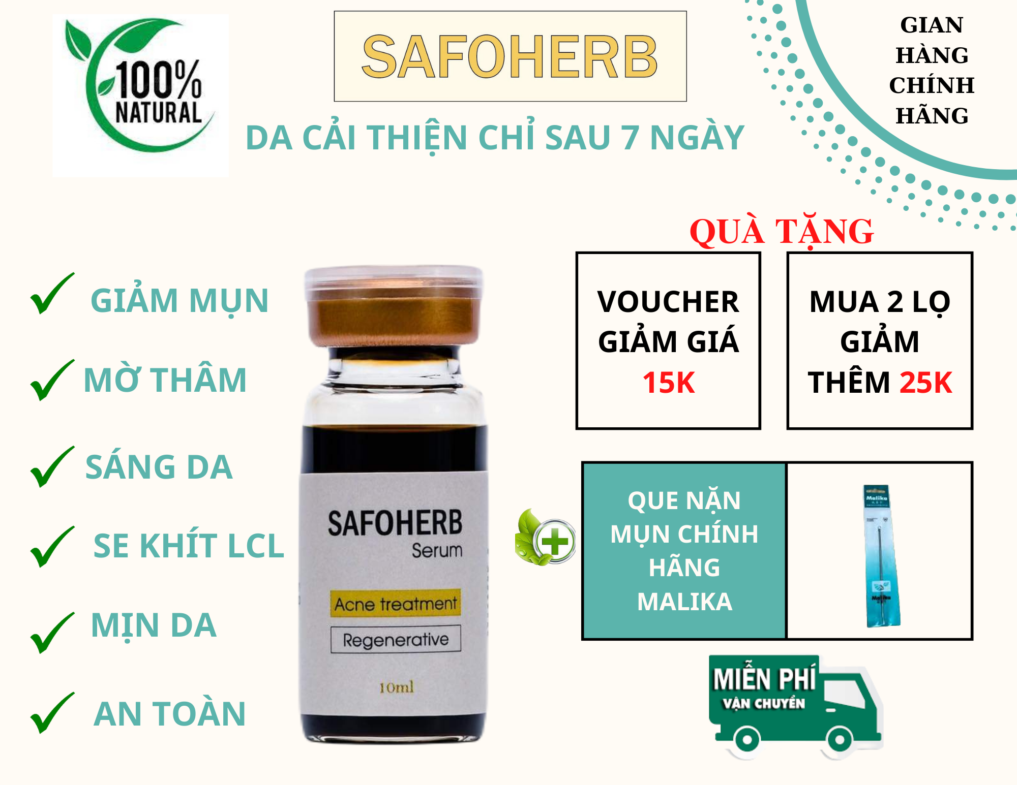 Serum safoherb chính hãng- giảm mụn, mờ thâm, sáng da, mịn da, se khít lỗ chân lông 10ml