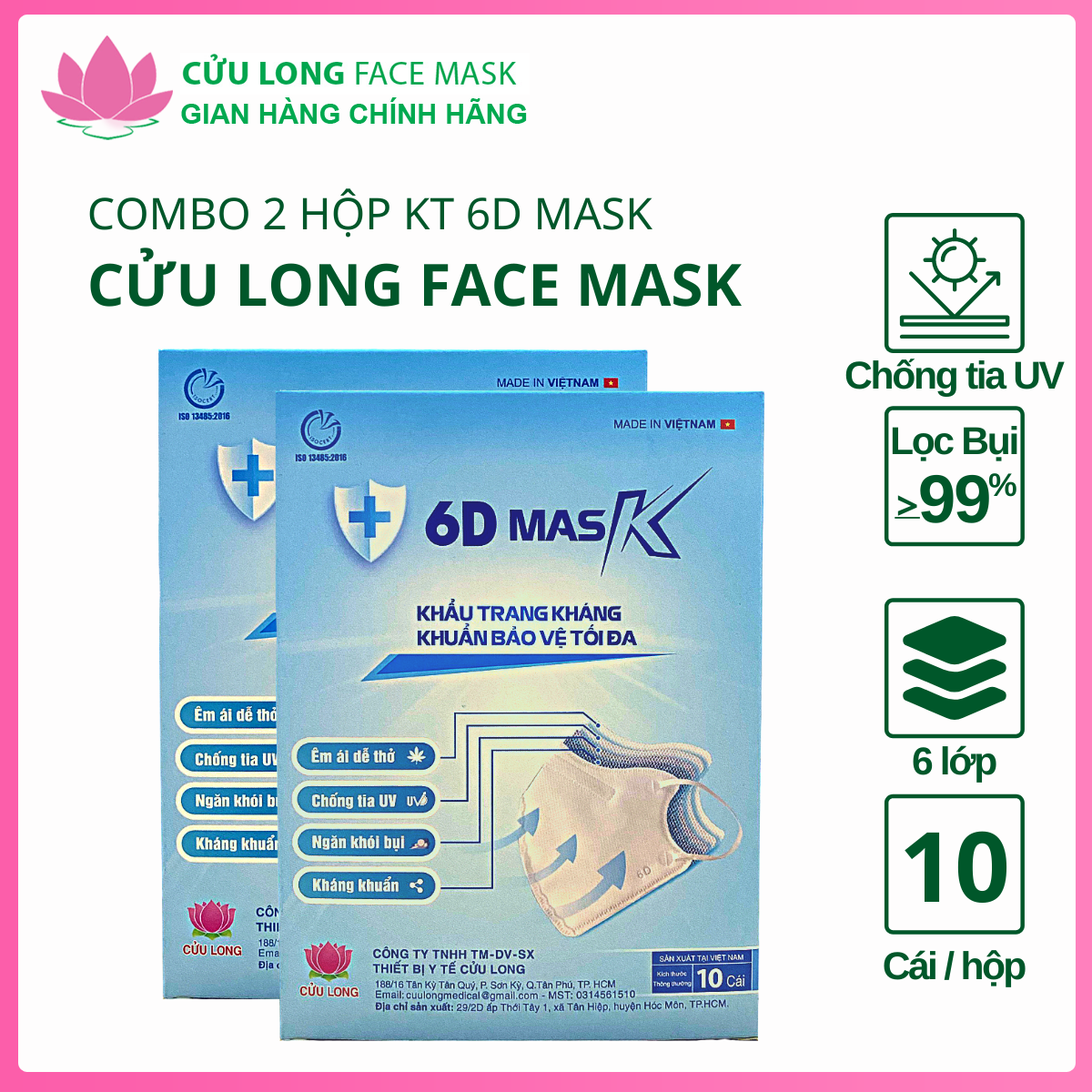 Combo 2 hộp khẩu trang y tế 6D Mask chính hãng Cửu Long Face Mask  Hộp 10
