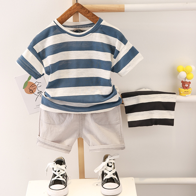 CUIXI 2-piece Children T-shirt Shorts Fashion Clothing Set Trendy Short Sleeves Striped Printing Round Neck Shirt Shorts Suit