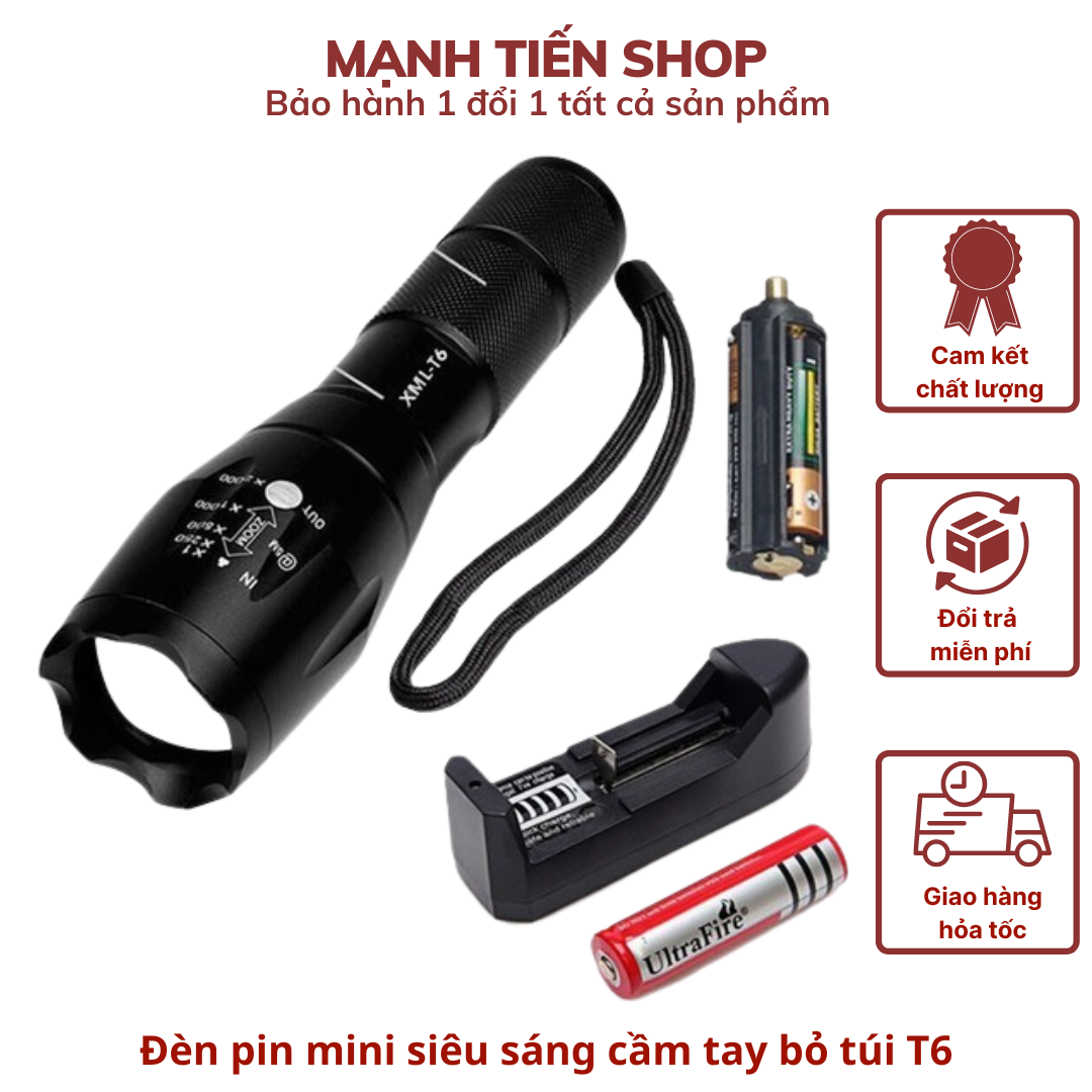 Đèn pin mini cầm tay T6 siêu sáng kèm pin sạc DTM Store