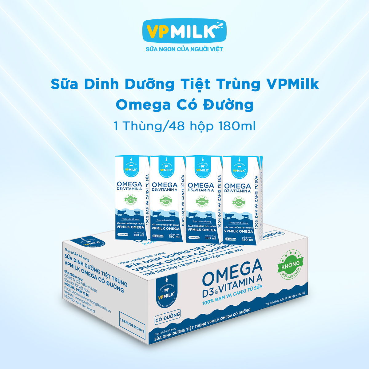 [Thùng 48 hộp 180ml] Sữa Dinh Dưỡng Tiệt Trùng VPMilk Omega CÓ ĐƯỜNG hộp cho bé trên 1 tuổi