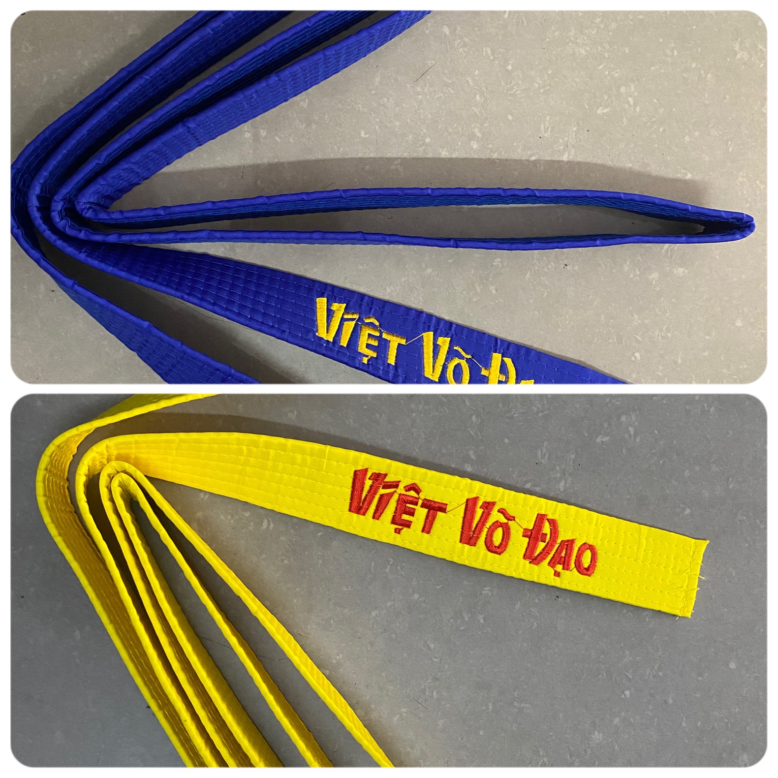 Đai võ thuật Vovinam phong trào có bán sỉ cho HLV giao hỏa tốc thi tăng cấp có 2 màu Xanh Lam & Vàng